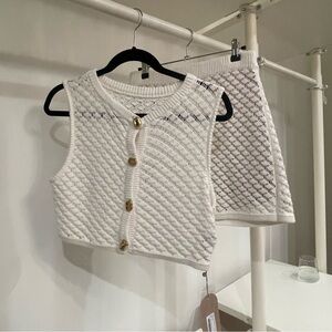 Meshki White Knit Crop Top with Gold Buttons and skirt